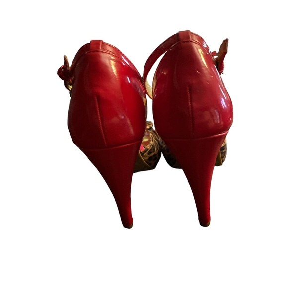 Guess Open-Toed Strappy Pink Red and Leopard Print GG Harty High Heels Women 7 M - Picture 3 of 8